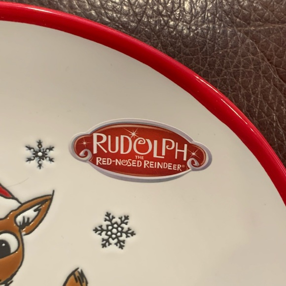 Rudolph in Santa Hat Ceramic Salad Plate - Christmas Tree Snowflakes - Picture 2 of 7